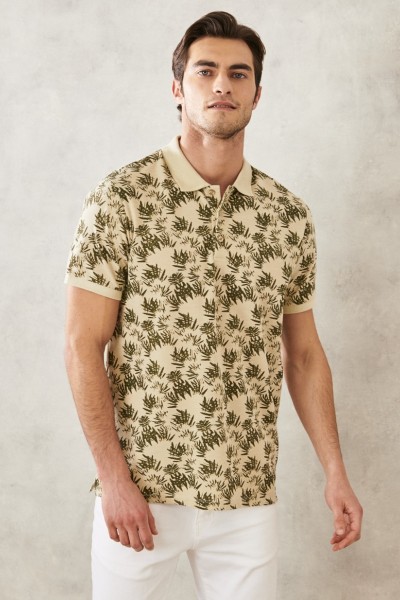 Beige Male Geometric Polo Neck T-shirt