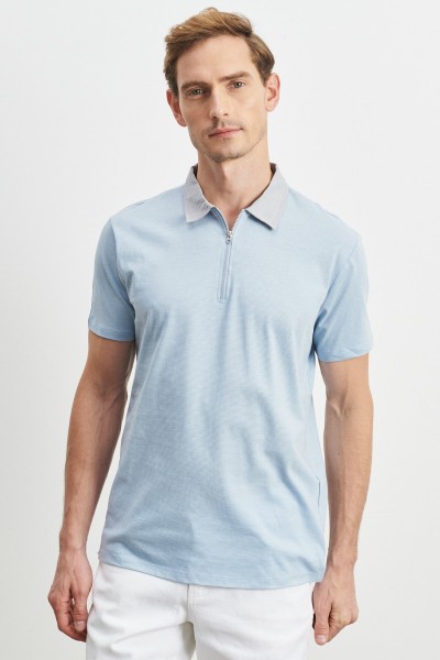 Blue Male Straight Polo Neck T-shirt