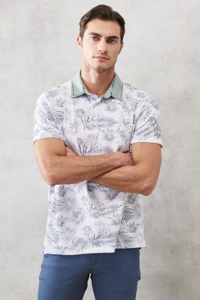 White Male Flowering Polo Neck T-shirt