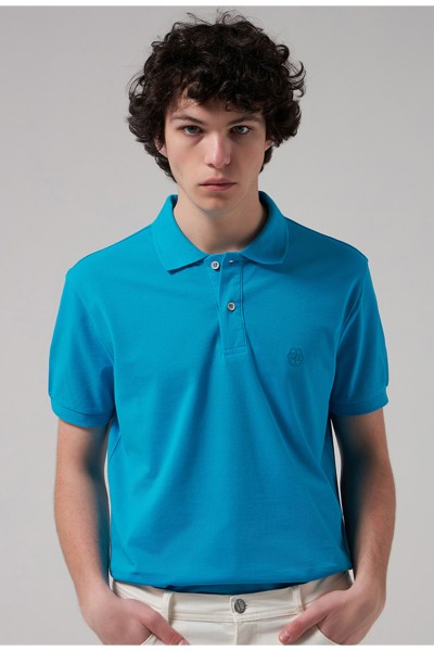 Turquoise Male Straight Polo Neck T-shirt