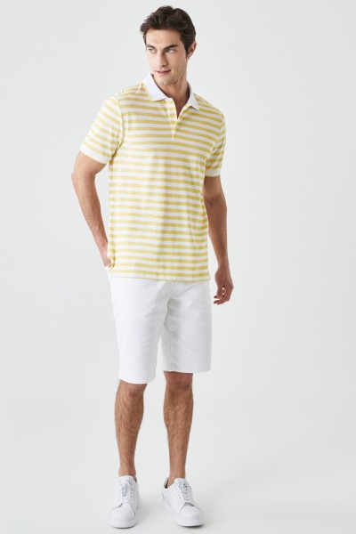 White Male Striped Polo Neck T-shirt