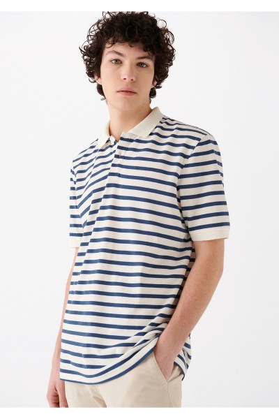 Blue Male Striped Polo Neck T-shirt