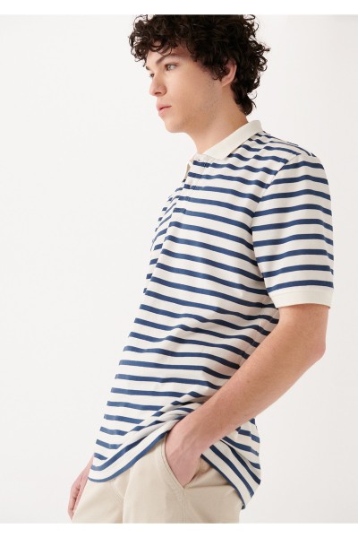 Blue Male Striped Polo Neck T-shirt