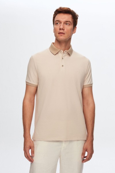 Beige Male Straight Polo Neck T-shirt