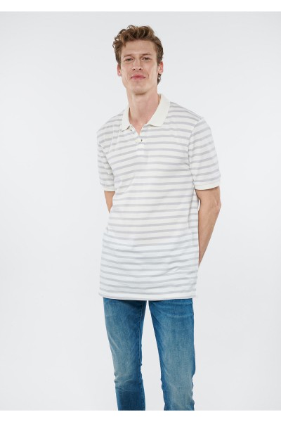 Beige Male Striped Polo Neck T-shirt