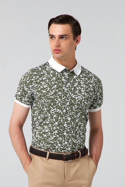 Khaki Male Printed Polo Neck T-shirt