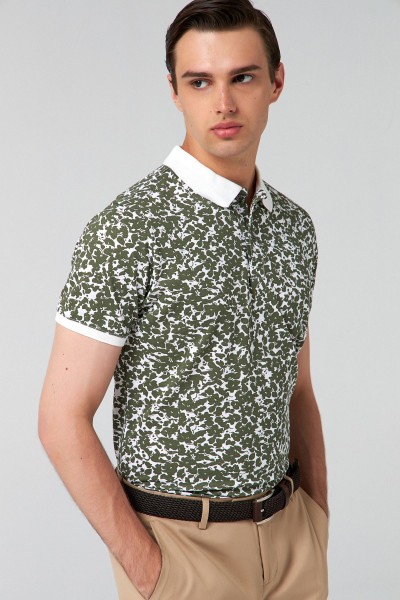 Khaki Male Printed Polo Neck T-shirt