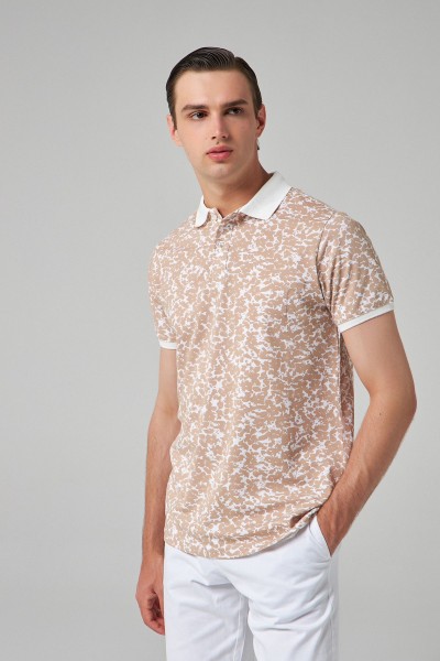 Beige Male Printed Polo Neck T-shirt