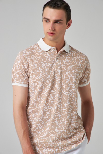 Beige Male Printed Polo Neck T-shirt